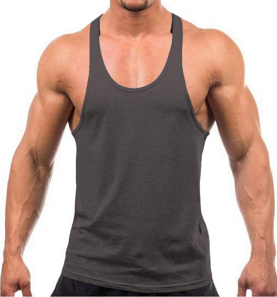 YAKER Mens Blank Stringer Y Back Bodybuilding Gym Tank Tops (L Dark Grey)